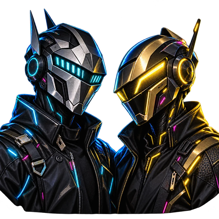 Two original futuristic music hosts in silver and gold cyberpunk helmets, lit with blue and yellow neon